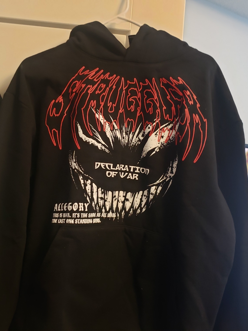 ALLEGORY-Black Graphic Hoodie with Red & White 'Declaration of War' Print